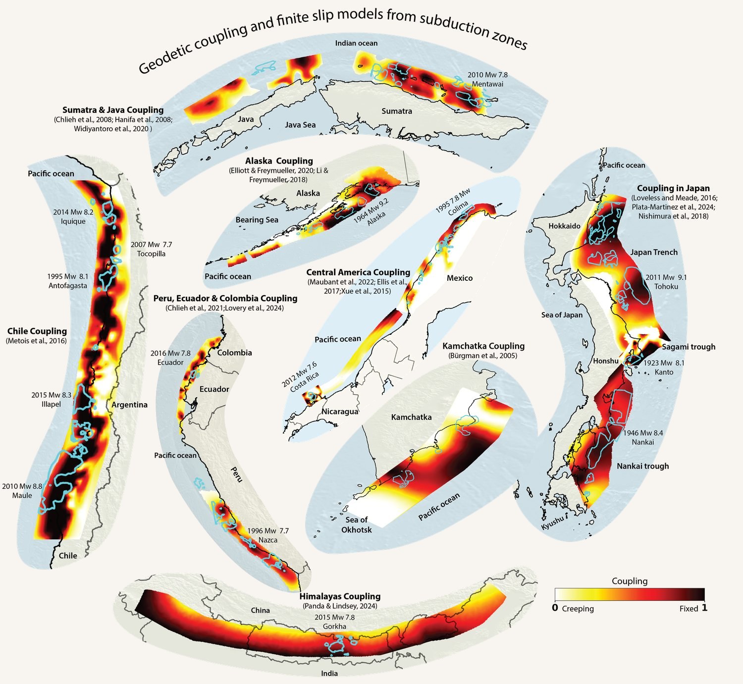Global compilation of geodetic coupling models and finite-slip models across subduction zones.