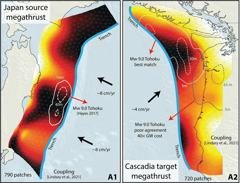 Transfer of the 2011 Tohoku earthquake rupture from the Japan megathrust to mechanically analogous regions of the Cascadia megathrust.